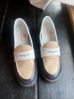 Marc Joseph Navy, White & Tan Leather Penny Loafers